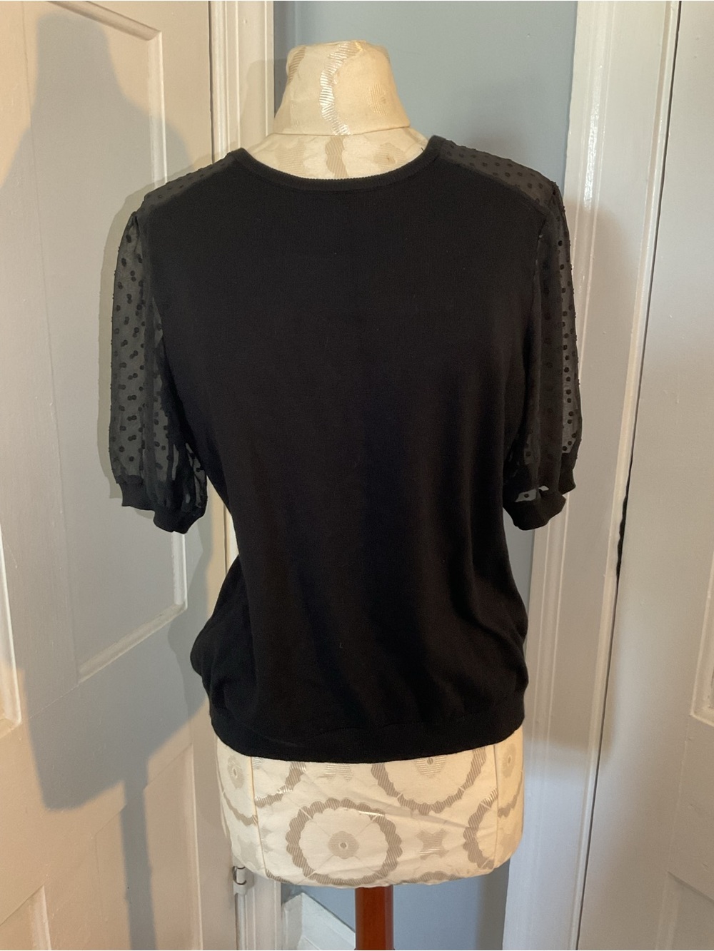 Adrianna Papell Black Knit Top with Sheer Polka Dot Short Sleeves